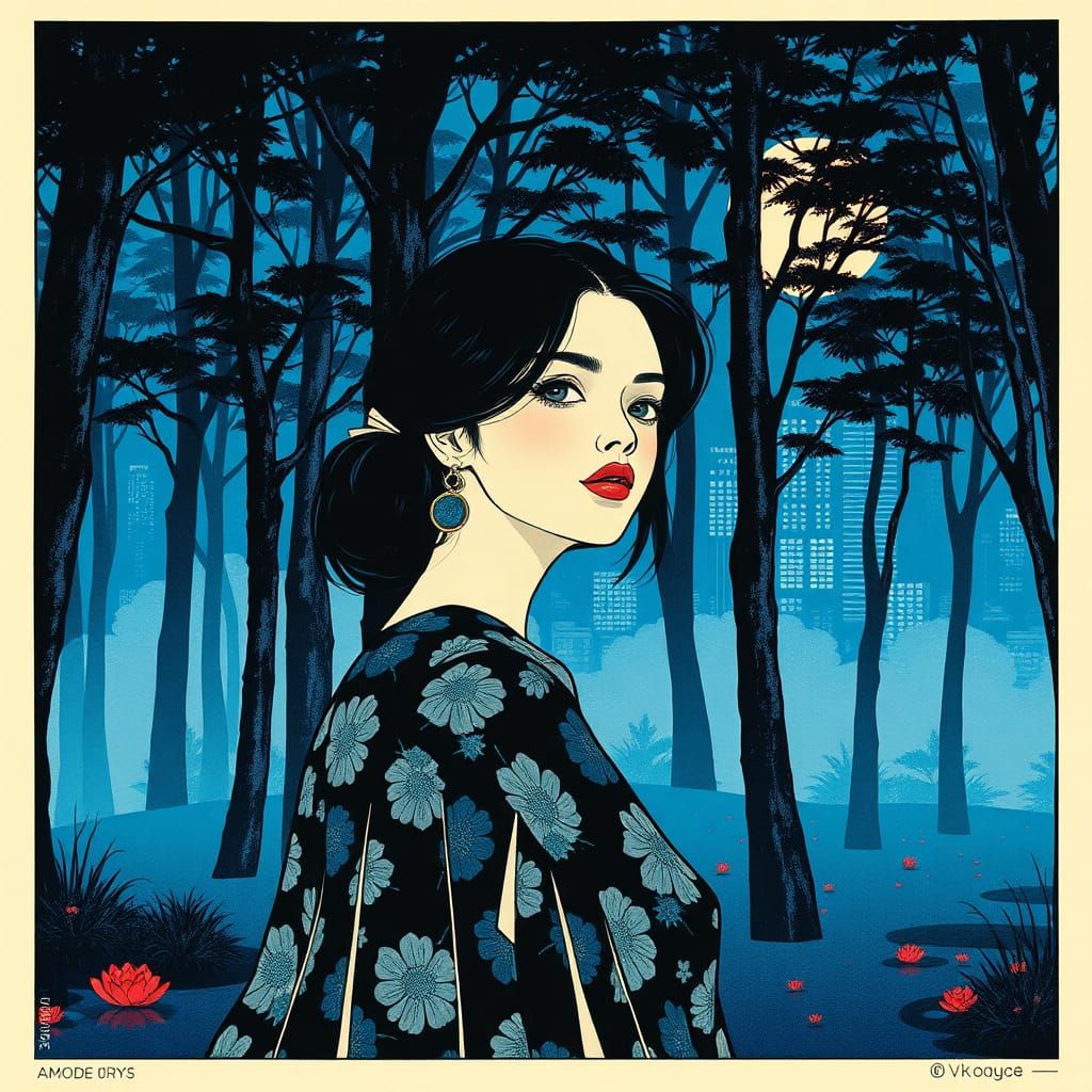 Blue Forest Scene: Linocut, Hokusai, Dittmann Styles