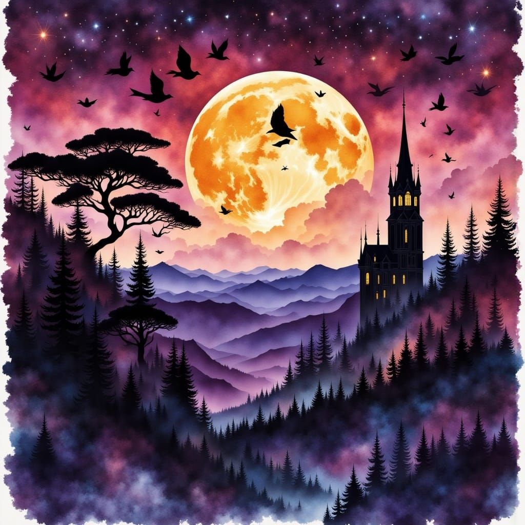 Mystical Cityscape Silhouette in Watercolor Style
