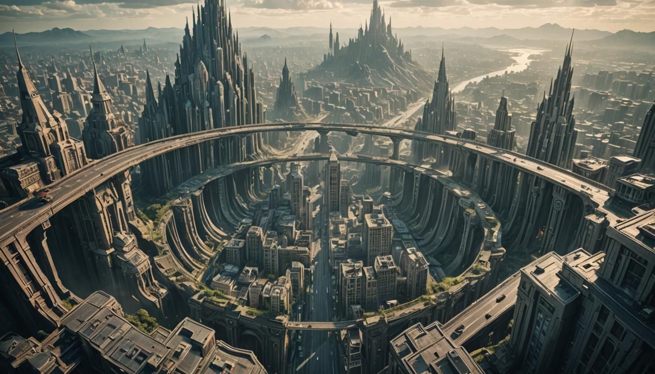Surreal Metropolis on Asteroid with Retro-Futuristic Archite...