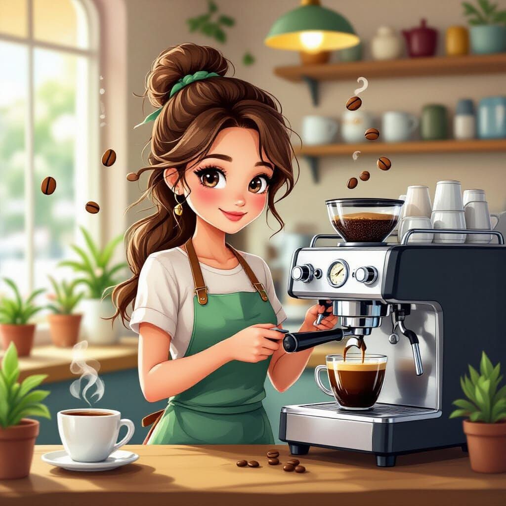 Whimsical Barista Surrounded by Dancing Coffee Beans