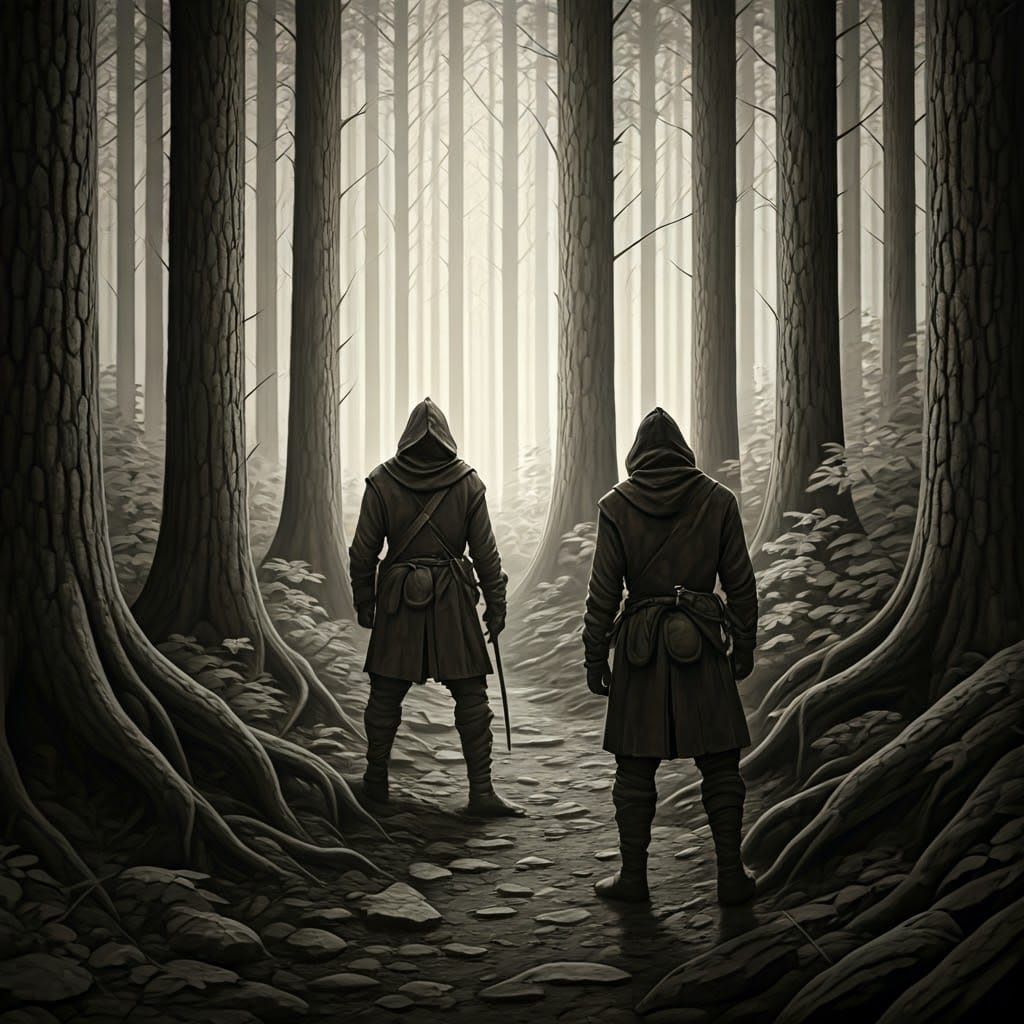 Mysterious Woodland Figures in Charcoal Drawing