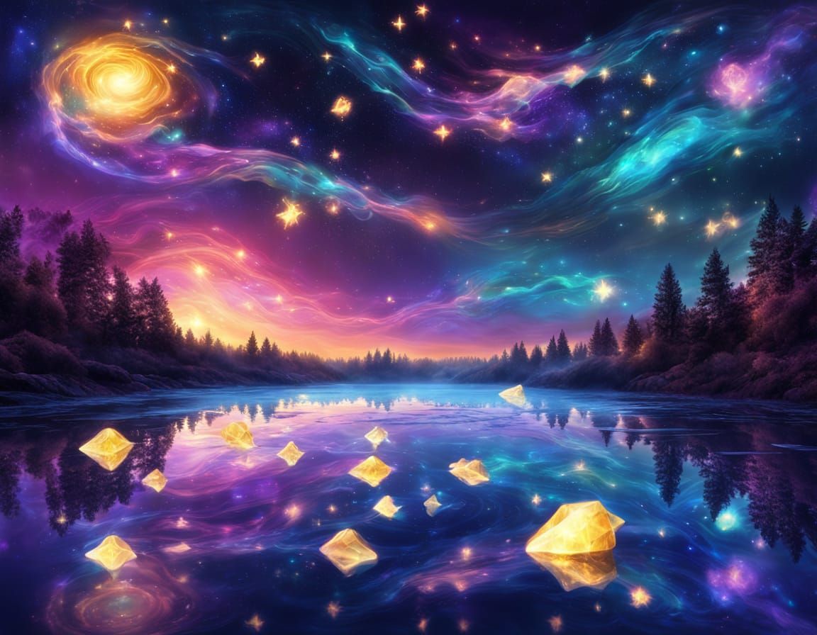 Dreamy River Reflecting Colorful Night Sky Stars