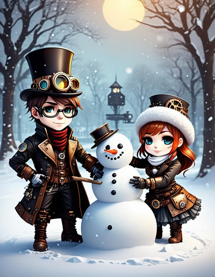 Steampunk Chibi Kids Building a Snowman