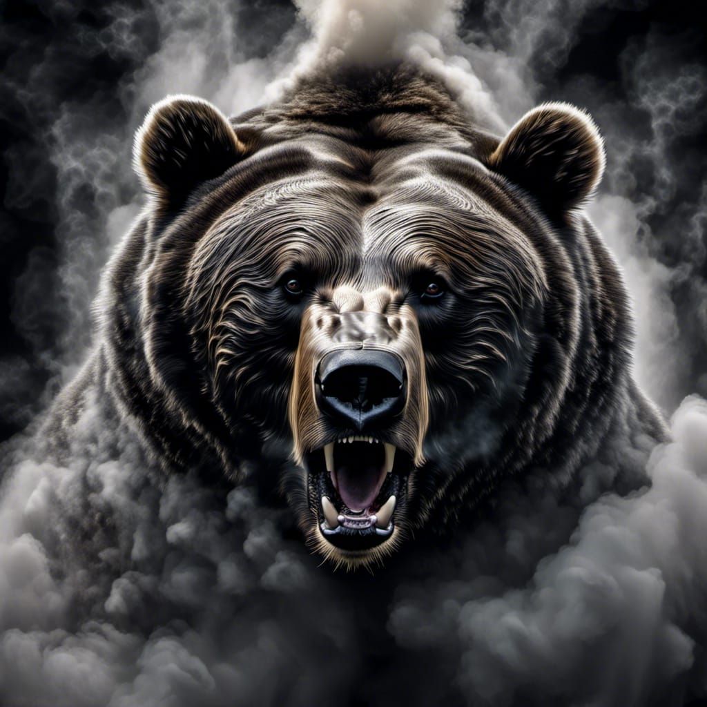 Silver Demon Bear Portrait in Dark Smoke