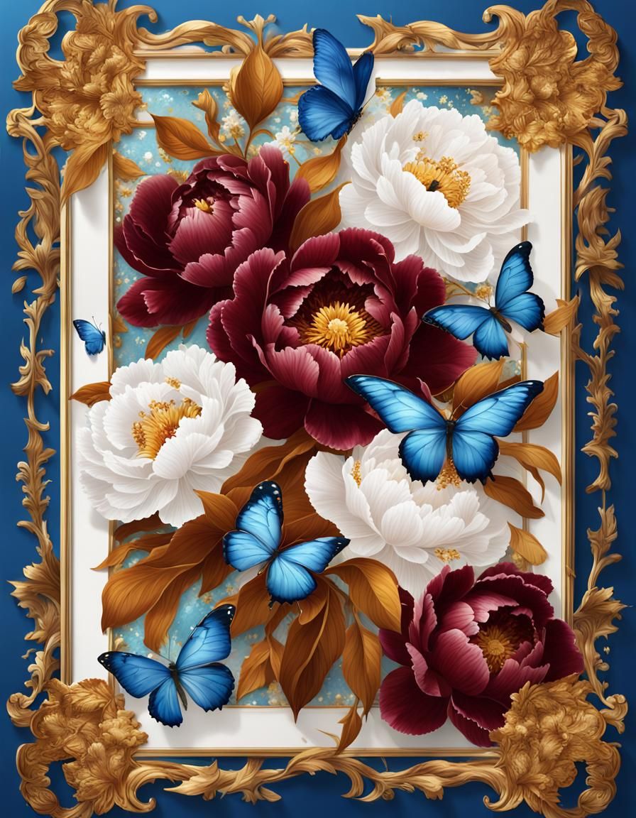 Floral Wallpaper with Butterflies and Golden Accents