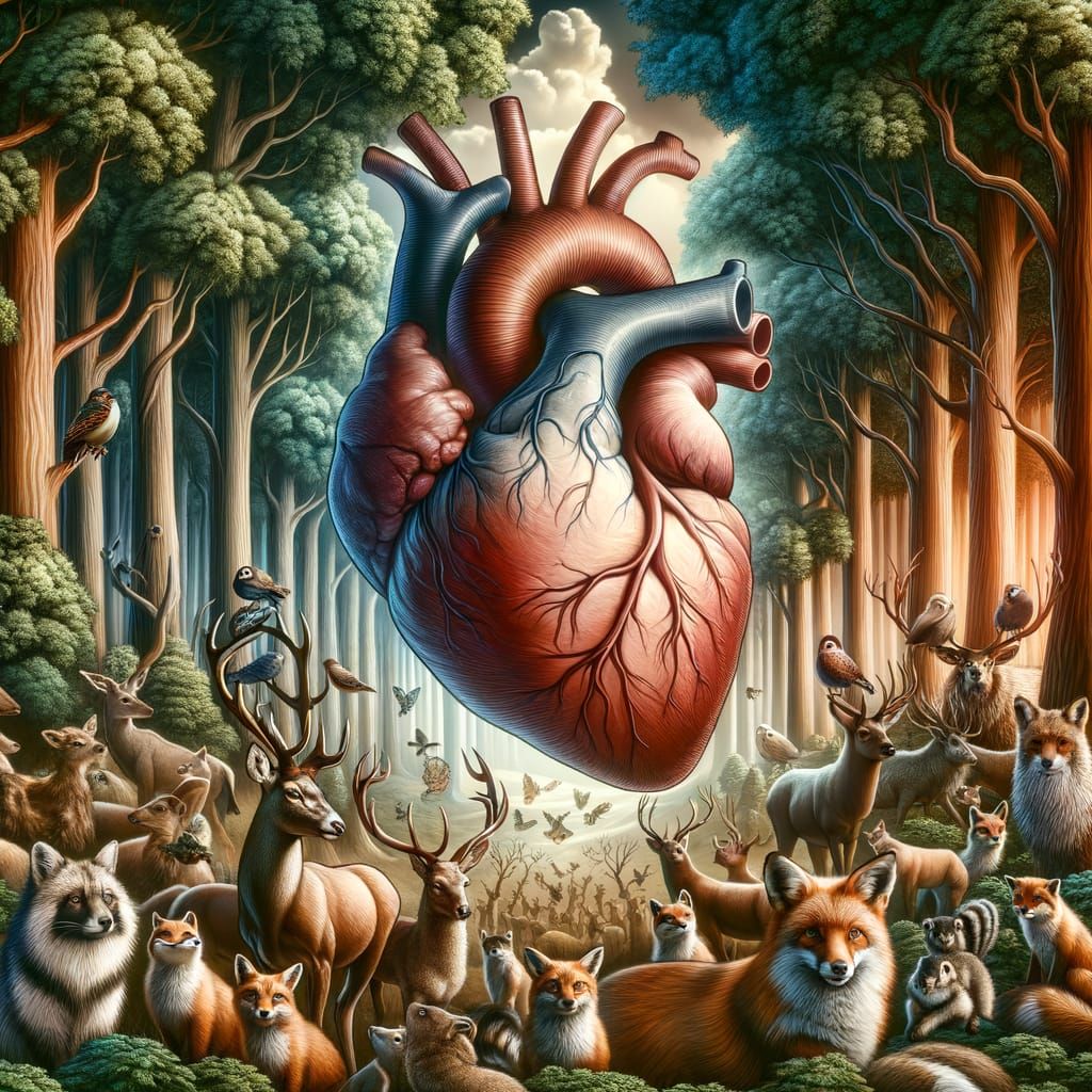 Enchanting Forest Scene: Animals Amazed by Giant Heart