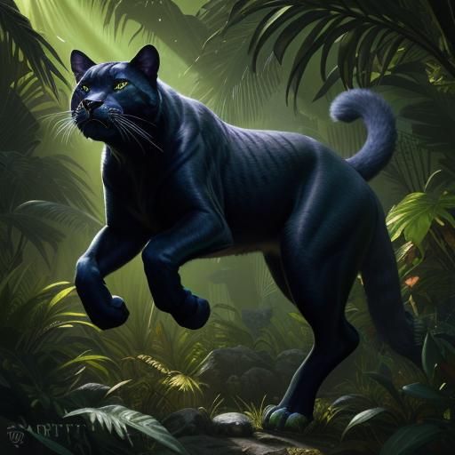 Black Panther Leaping Through Mystical Jungle