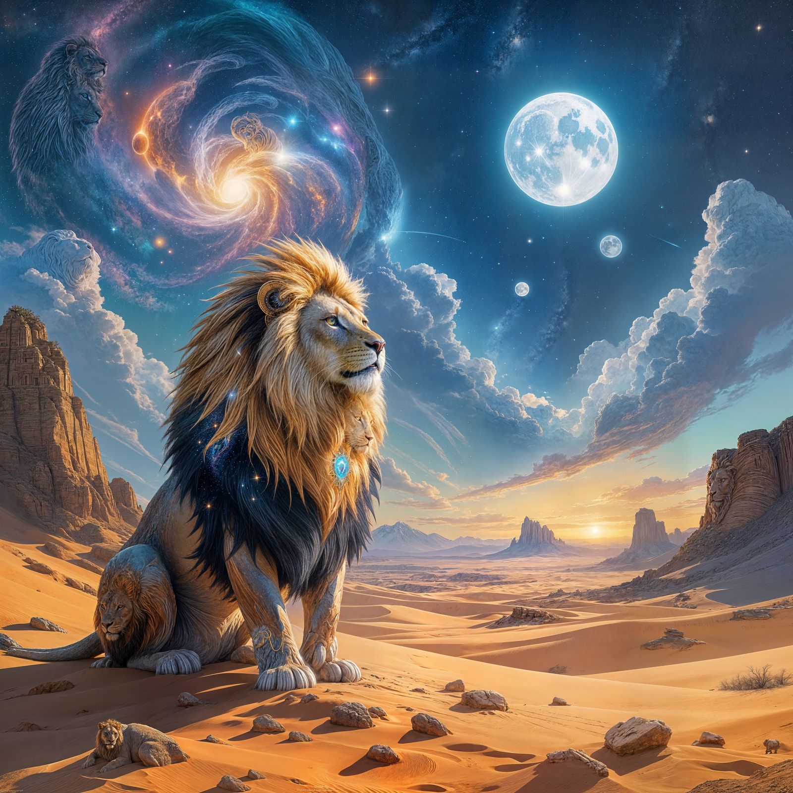 Celestial Lion Guards Cosmic Artifact in Alien Desert