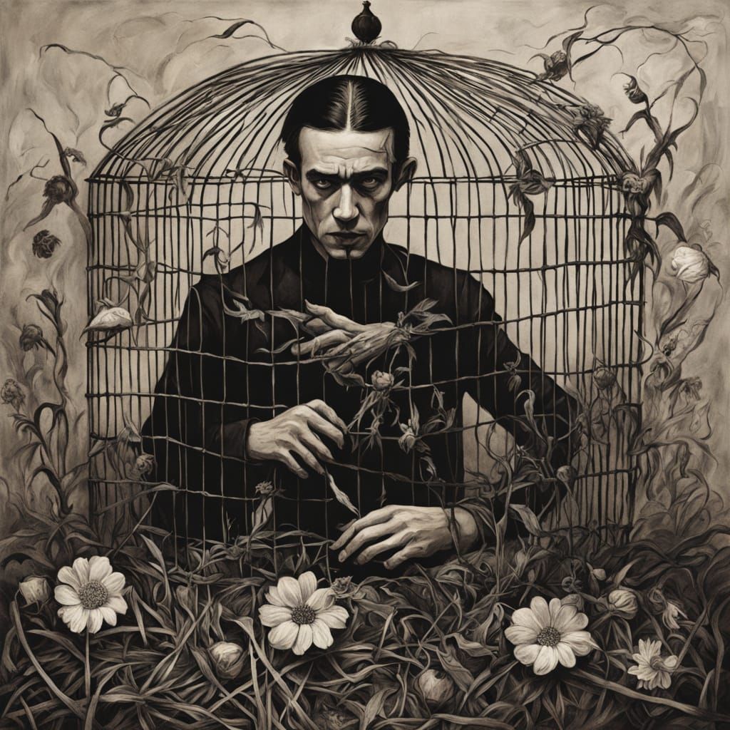 Surreal Portrait of Man in Cage With Wildflower Hands