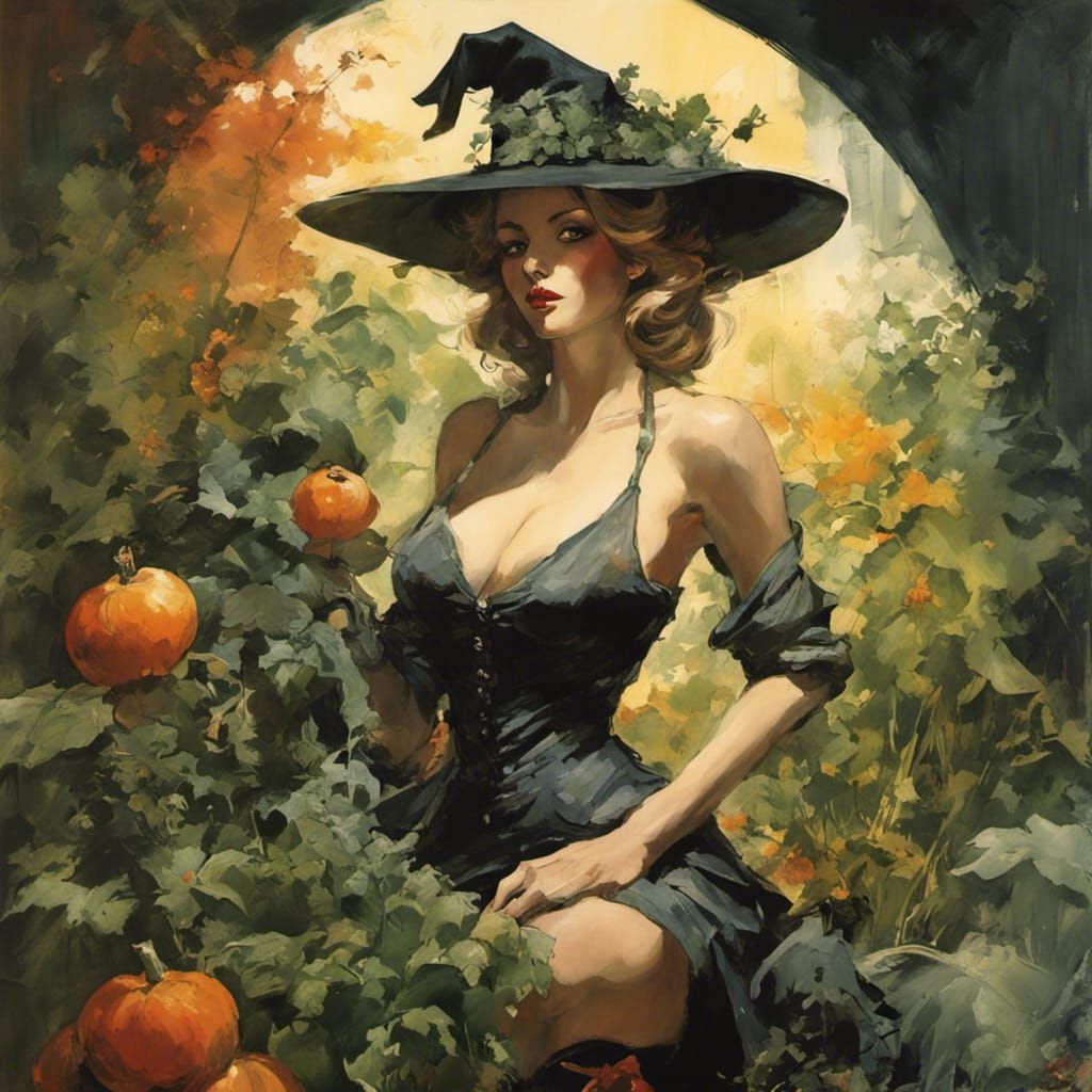 Pin-Up Witch Harvesting Herbs in Garden