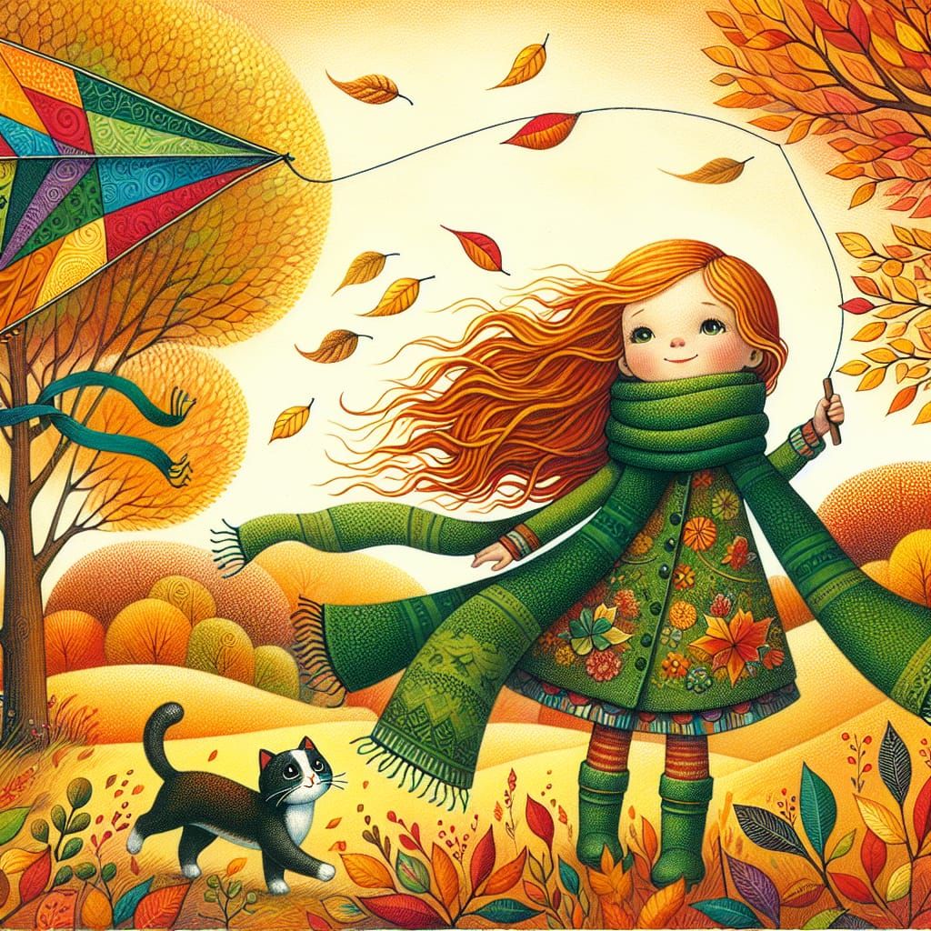 Girl with Kite in Autumn Park, Naive Painting