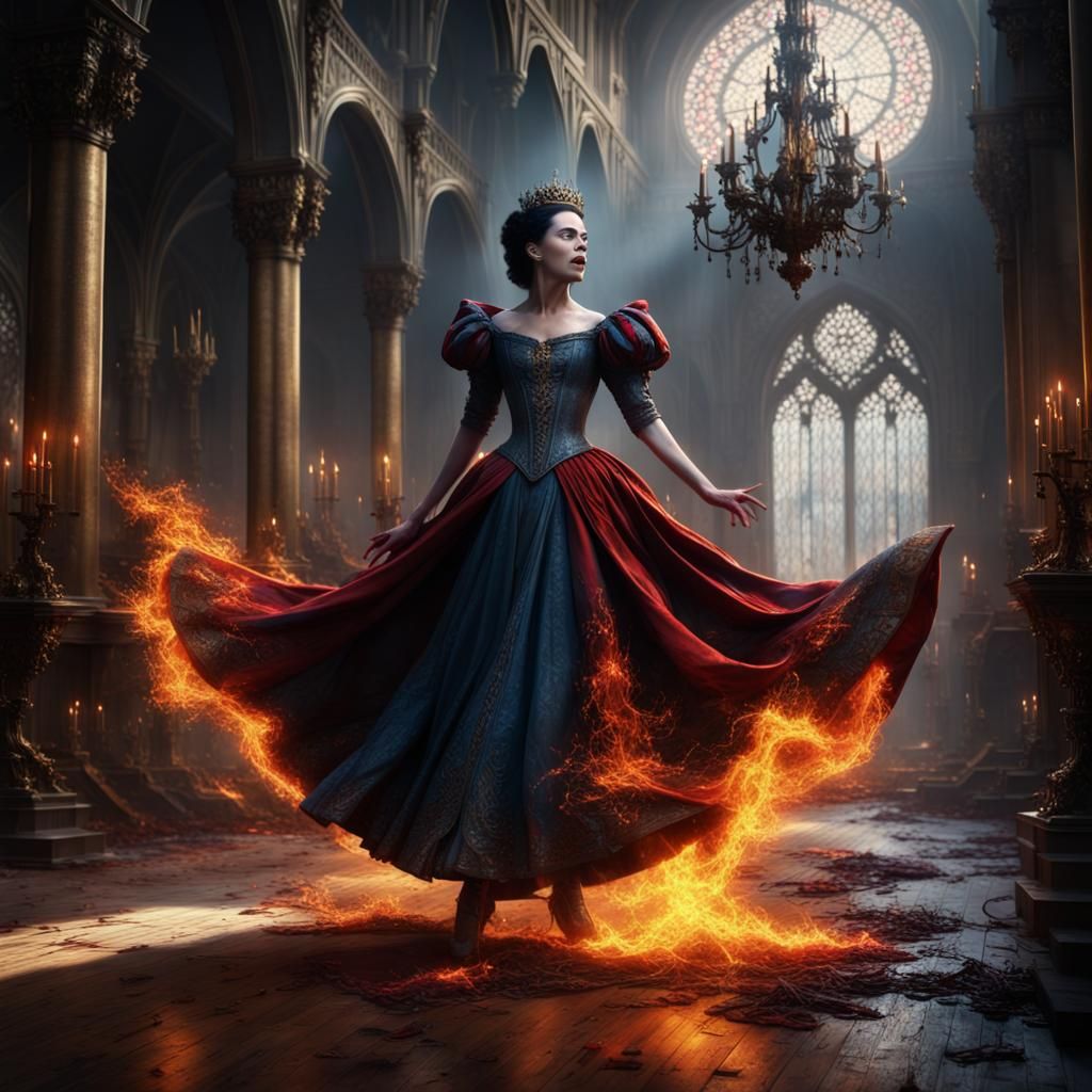 Wicked Queen's Fiery Fate: A Dark Fairytale Scene