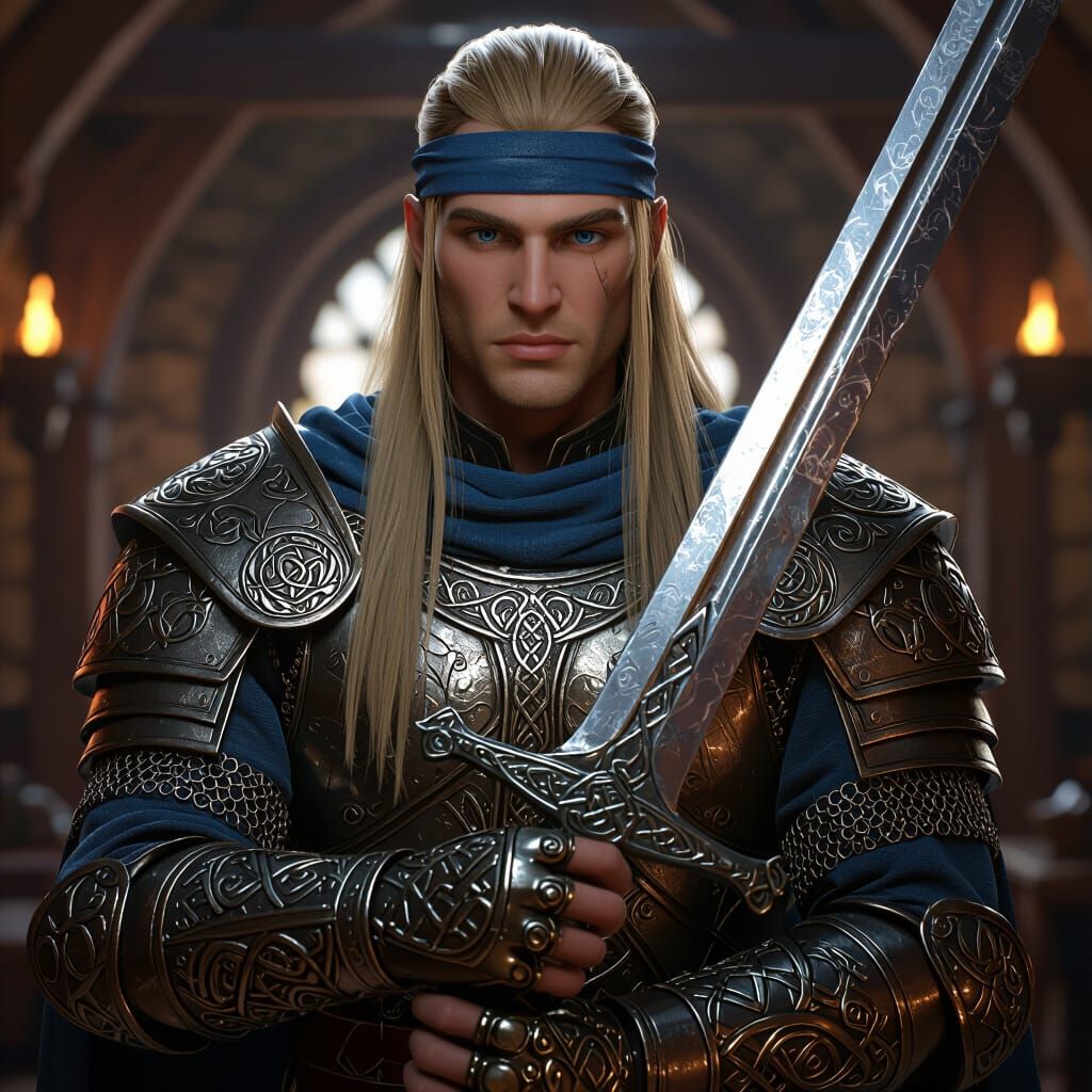 Celtic Knight with Broadsword in 3D Tavern