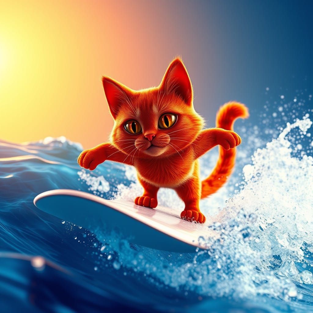 Red Cat Riding Surf in Hyper-Realistic Disney Style