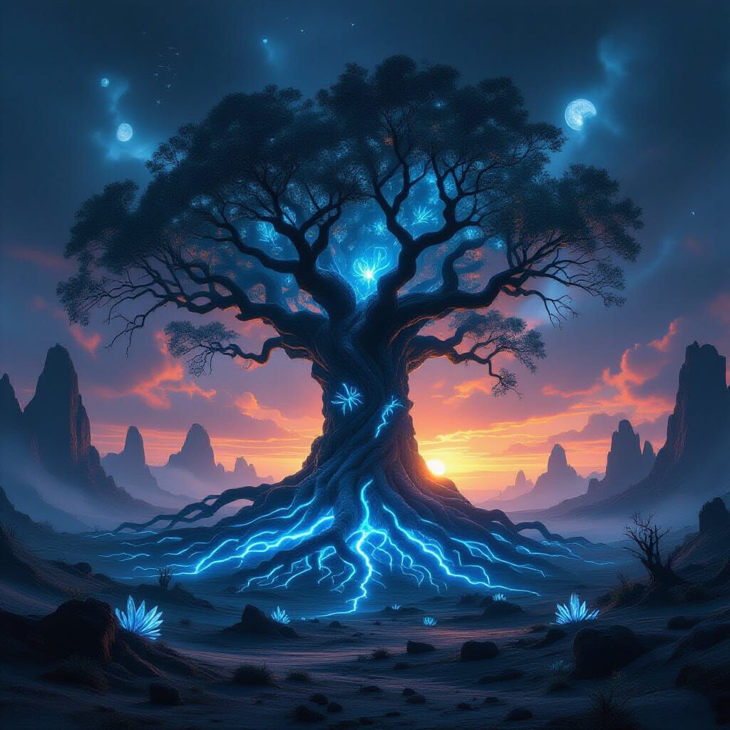 Ancient Bioluminescent Tree in Alien Landscape