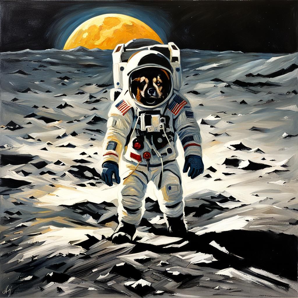 Puppy's Lunar Adventure: An Oil Painting