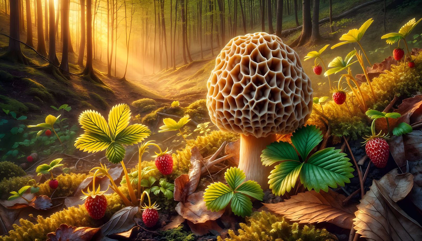 Serene Spring Forest Landscape with Honeycomb Morel Mushroom