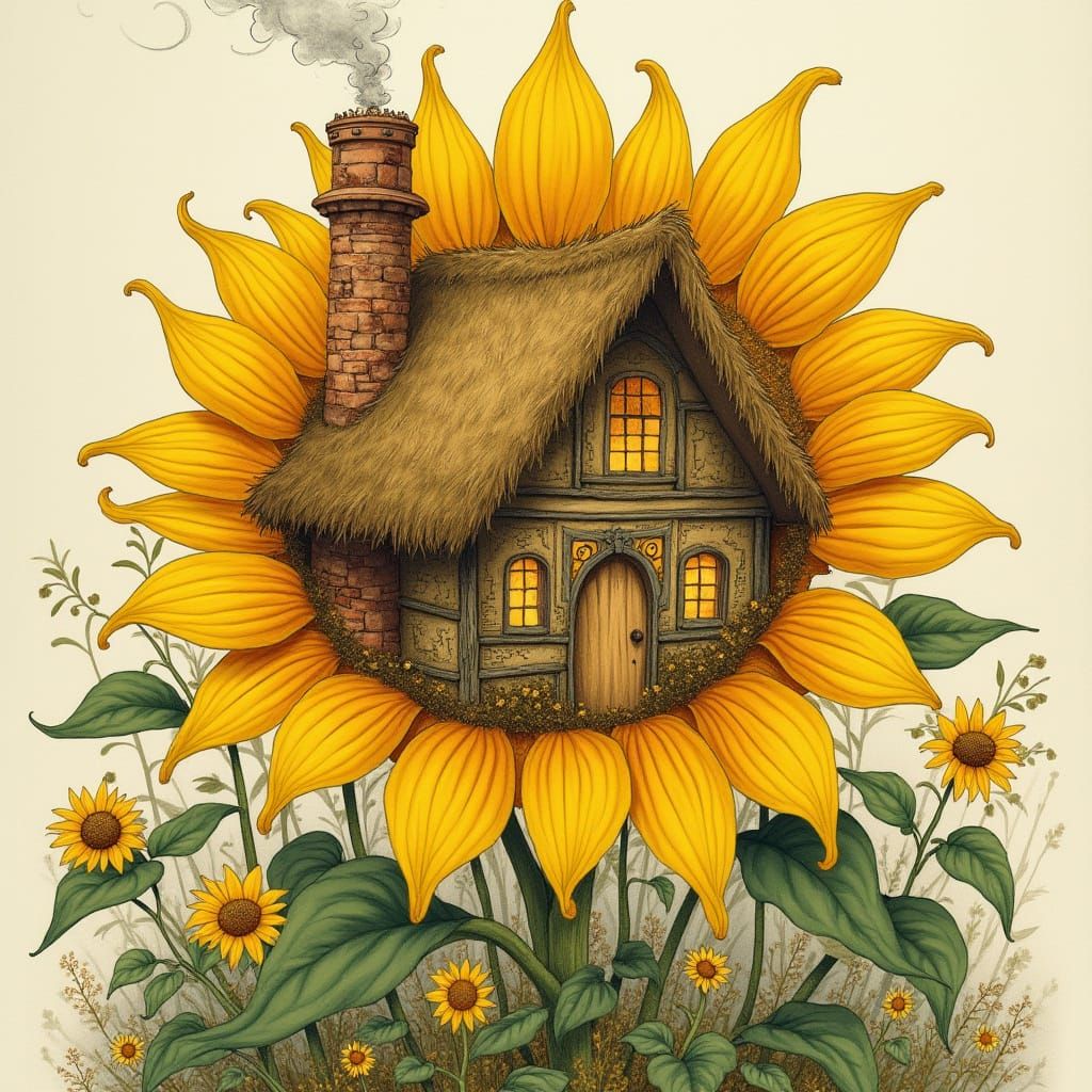 Cottage in Sunflower Heart: Whimsical Botanical Illustration