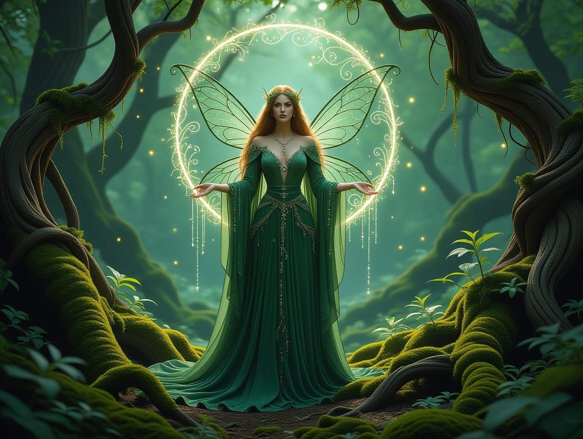 Ethereal Moss-Green Fairy Amidst Primeval Forest