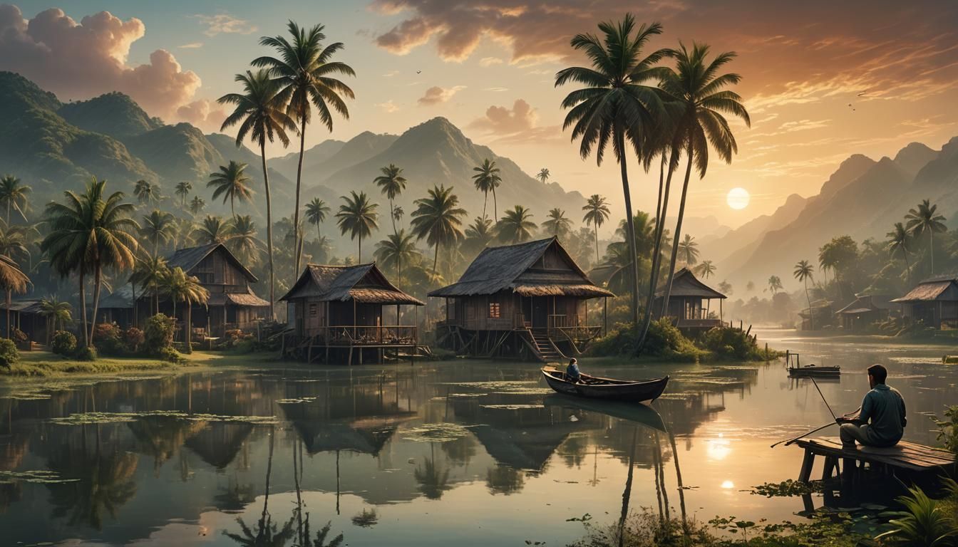 Stilt Village Fisherman at Sunset: Digital Matte Painting