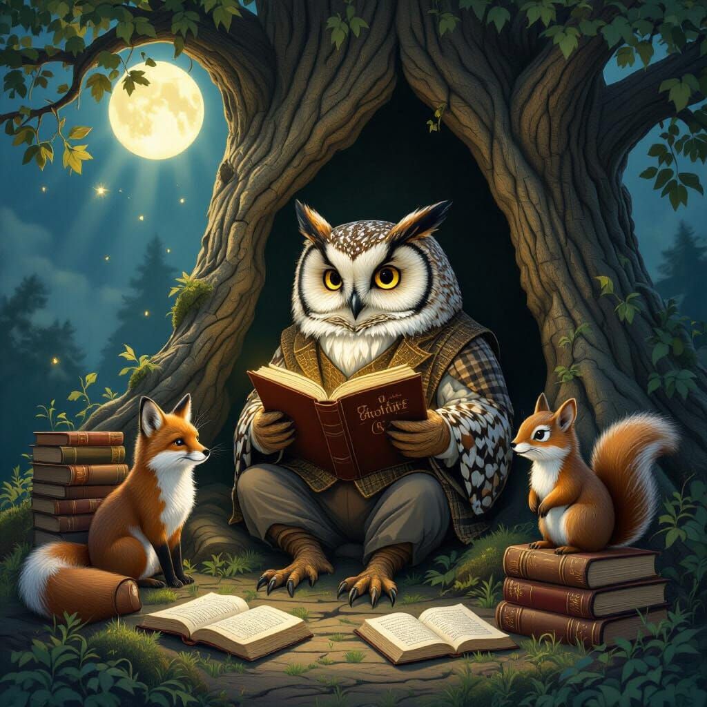Owl Book Club Meeting Under Moonlight in Ancient Oak