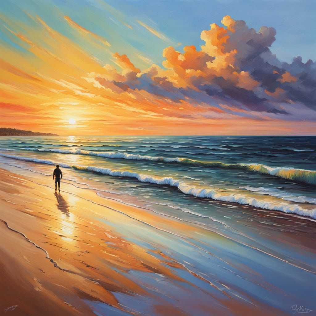 Person Walking on Beach in Impressionist Oil Painting