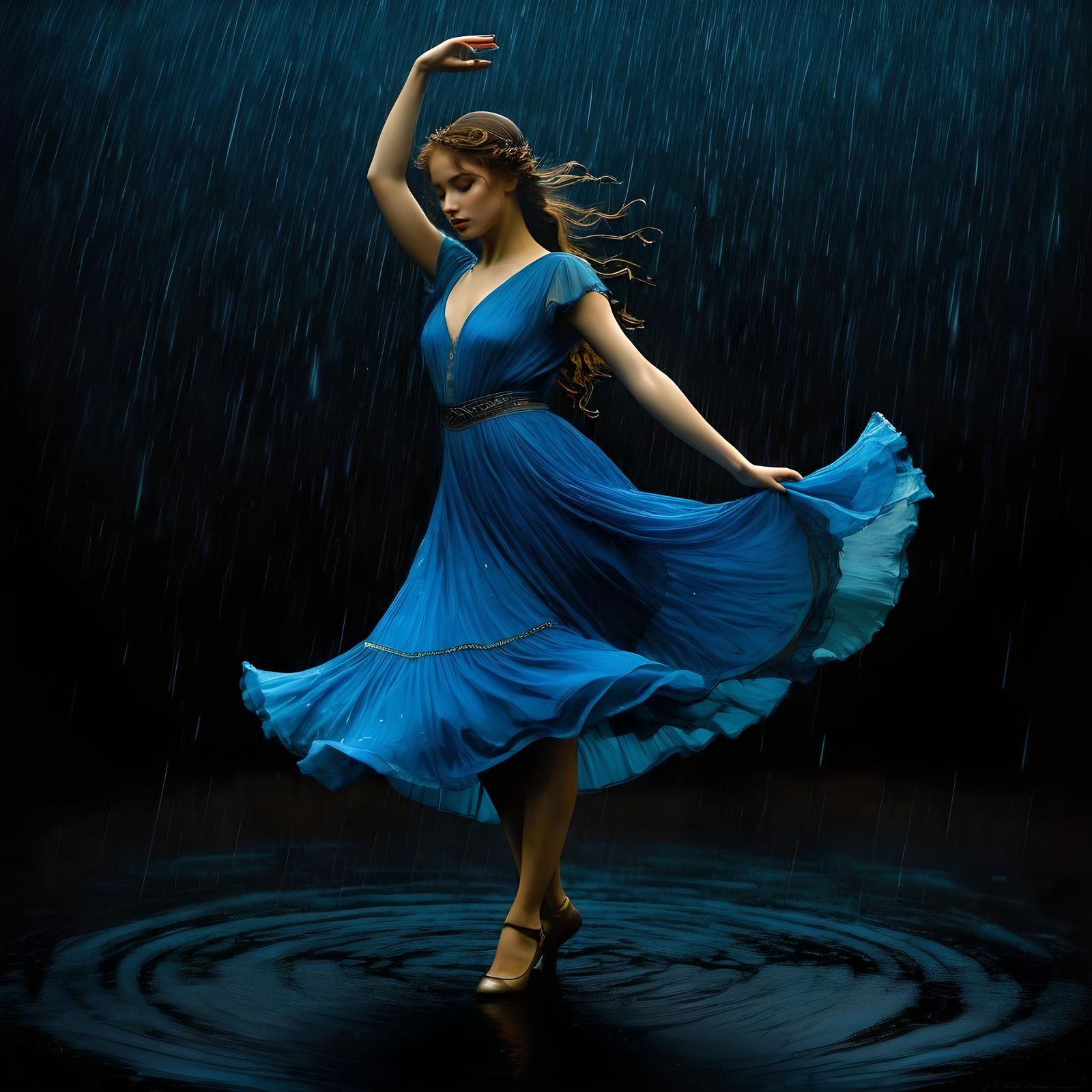 Solitary Dancer in the Rain: Art Nouveau Style