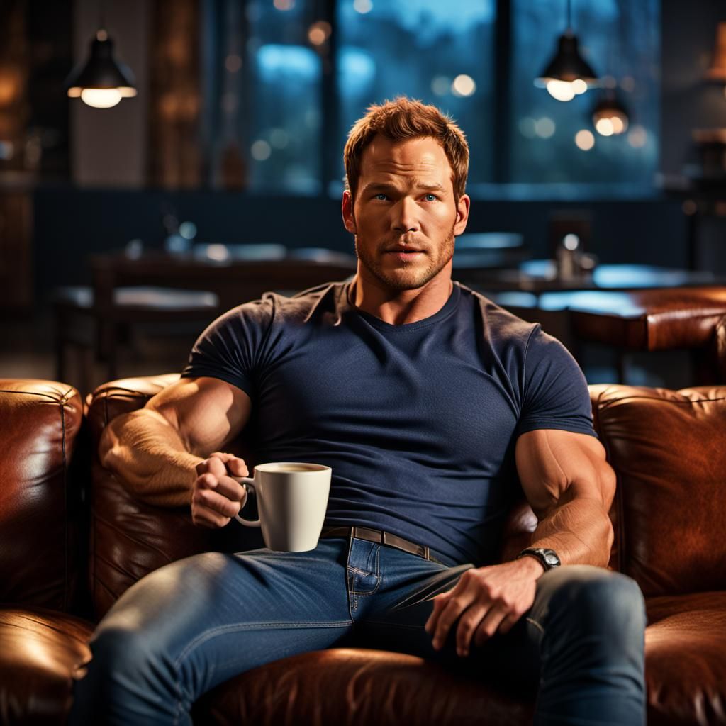 Muscular Chris Pratt Drinks Coffee: Hyperrealistic Portrait