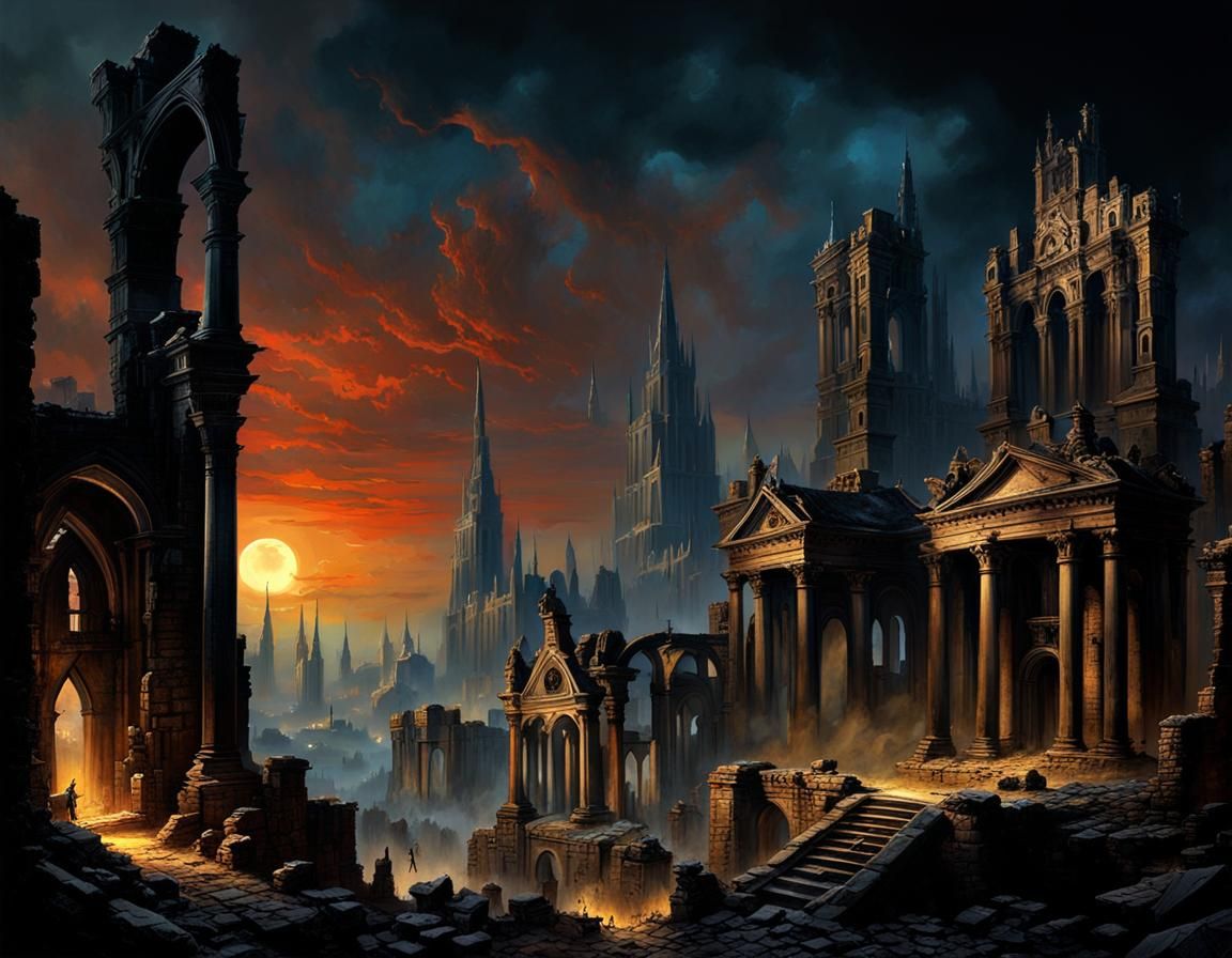 Grimdark Ruined Cityscape in Oil Painting Style