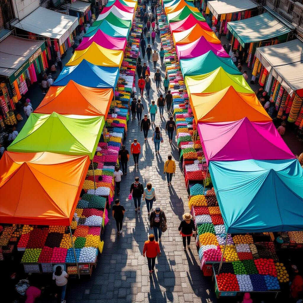 Hyperrealistic Top-Down View of Bustling Open-Air Market