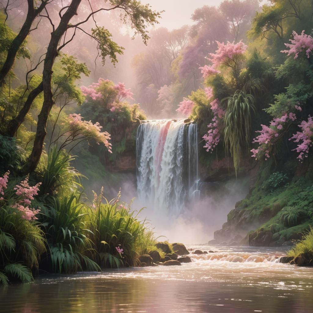 Impressionistic River Waterfall in Pink Mist