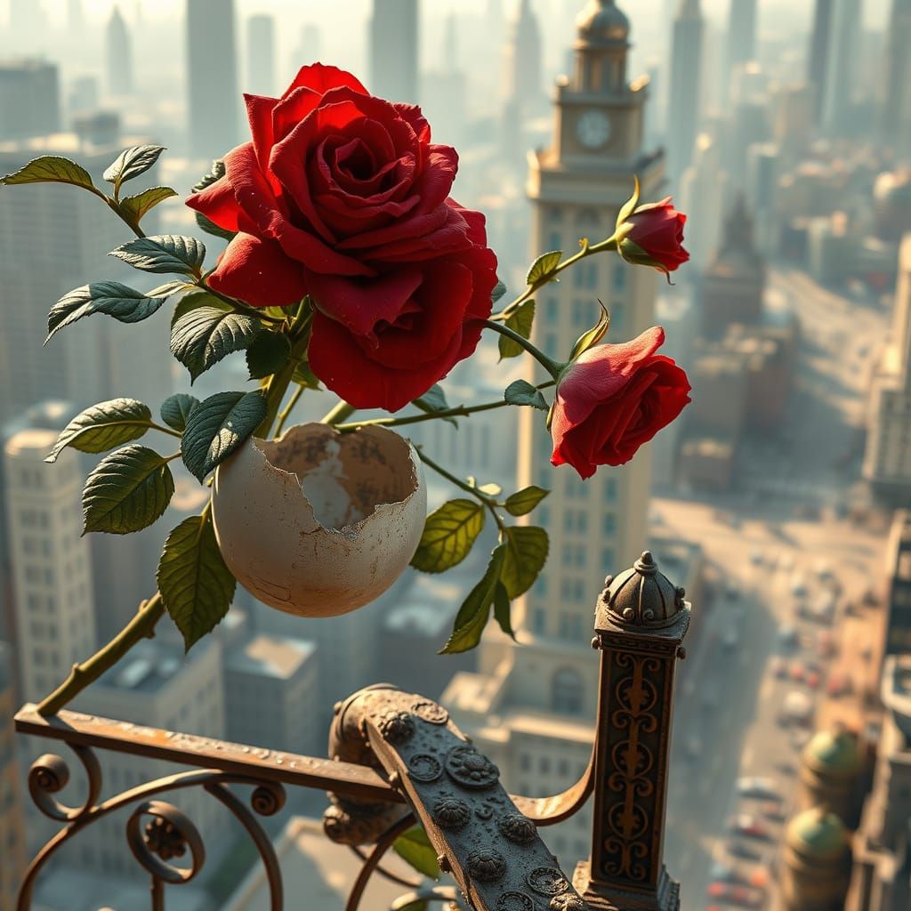 Surreal Fantasy Rose Blooms from Eggshell on Ornate Balcony ...