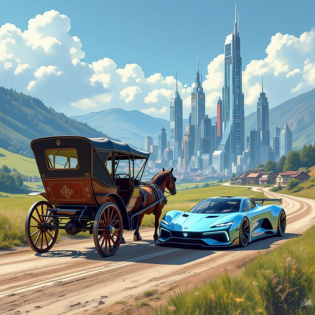 Past Meets Future: Buggy Beside Neon Sports Car