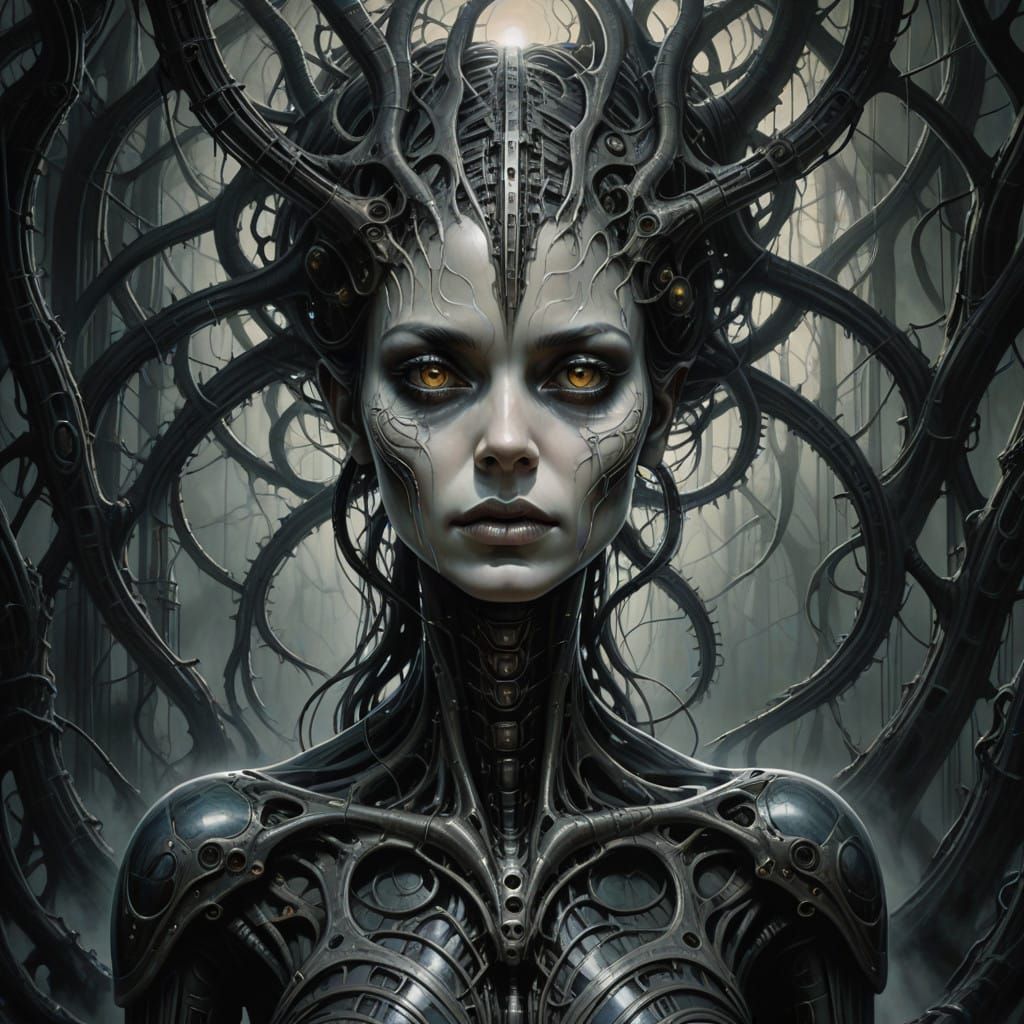Ethereal Woman Confronts Dark Biomechanical Landscape