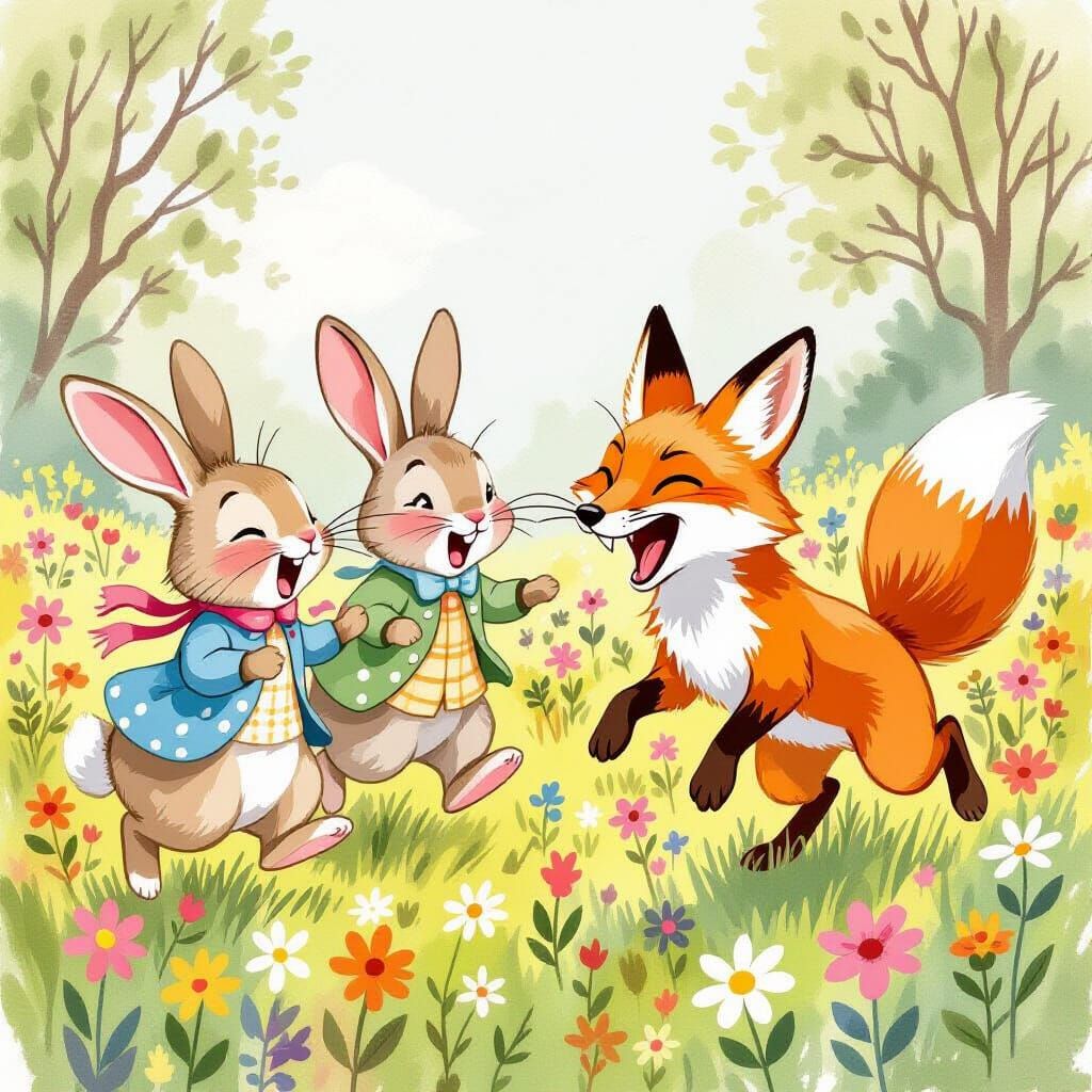 Bunnies Evade Fox in Whimsical Watercolor Meadow