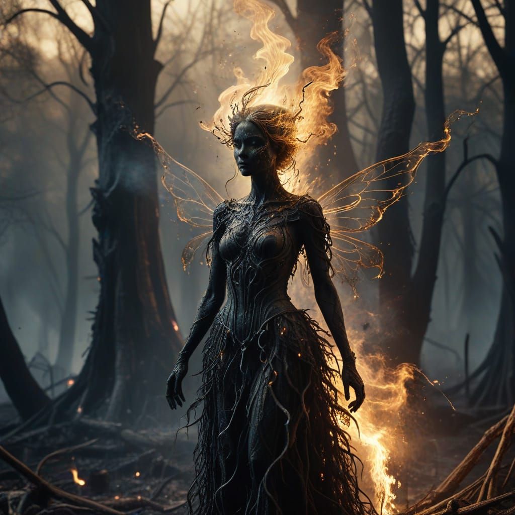 Smoke Fairy in Charred Forest, Gothic Art