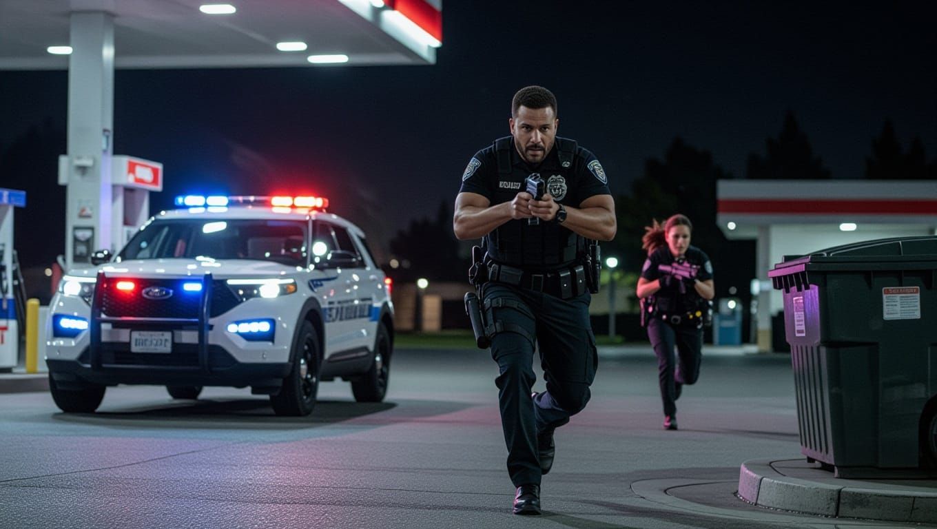 High-Speed Gas Station Pursuit in Hyperrealistic Style