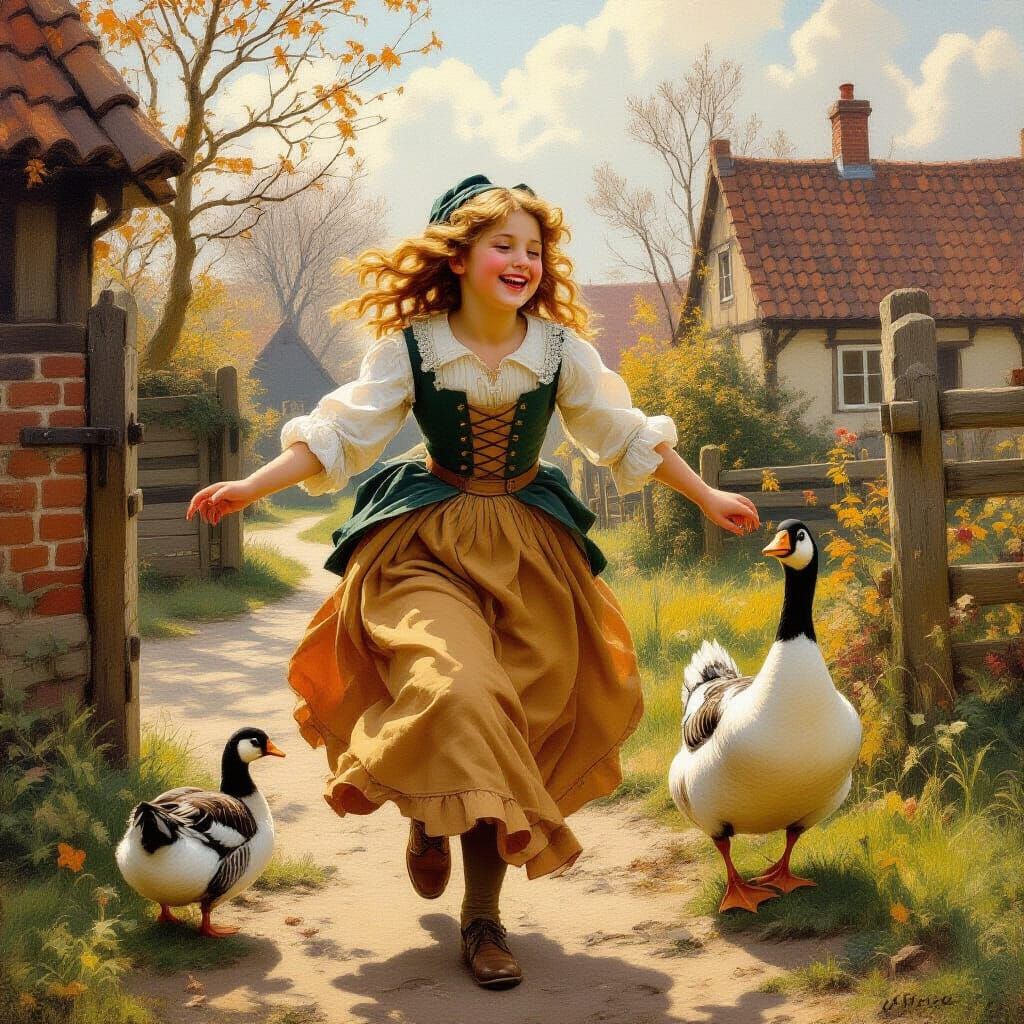 Dutch Girl Chasing Goose: Oil Painting Style