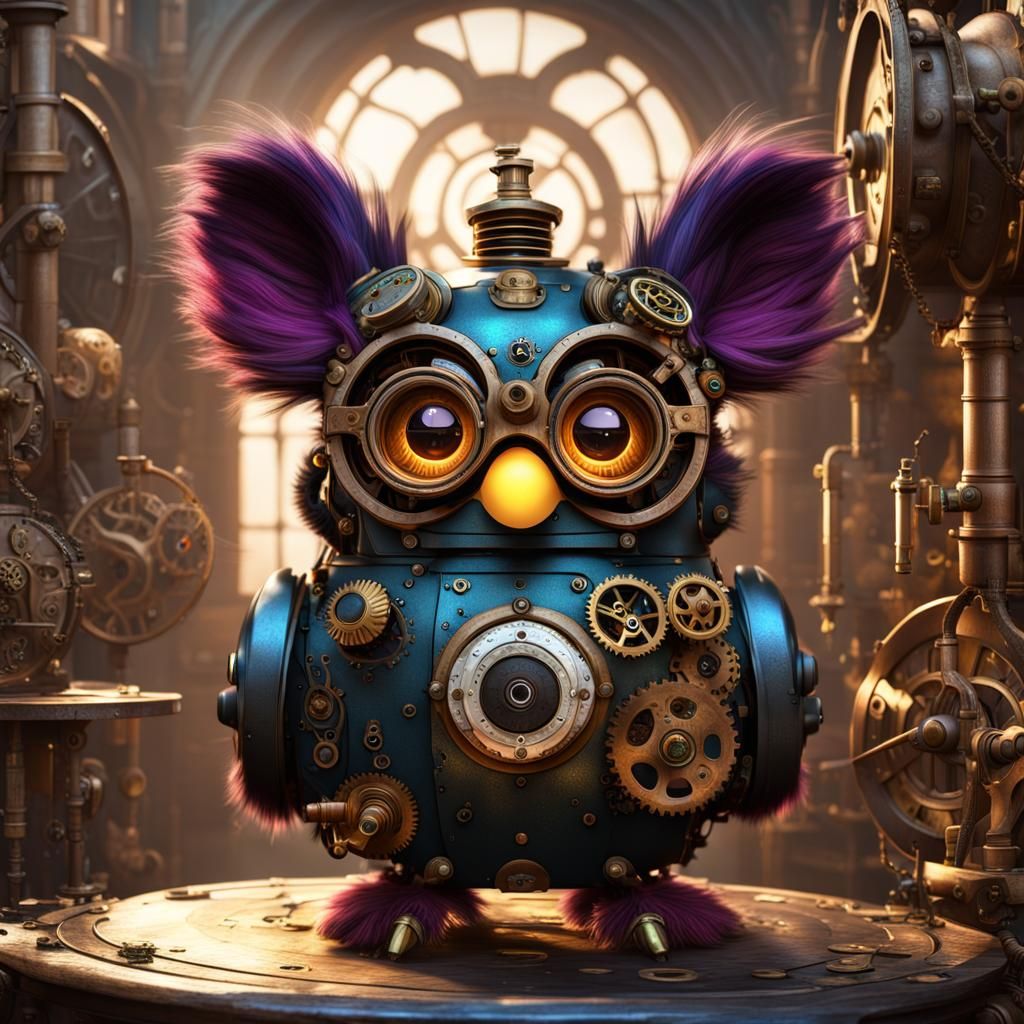 Steampunk Furby in Vintage Inventor's Workshop