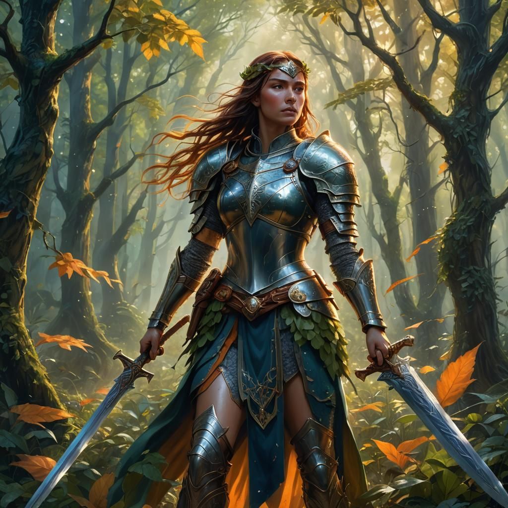 Regal Warrior Woman in Lush Forest, Digital Painting
