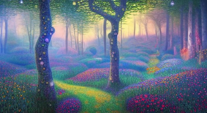 Sunset Woman in Magical Forest, Art Nouveau Style