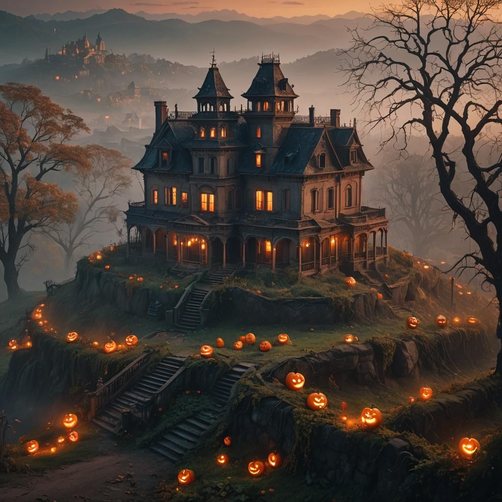Spooky Mansion Overlooking Town in Fog, Golden Hour