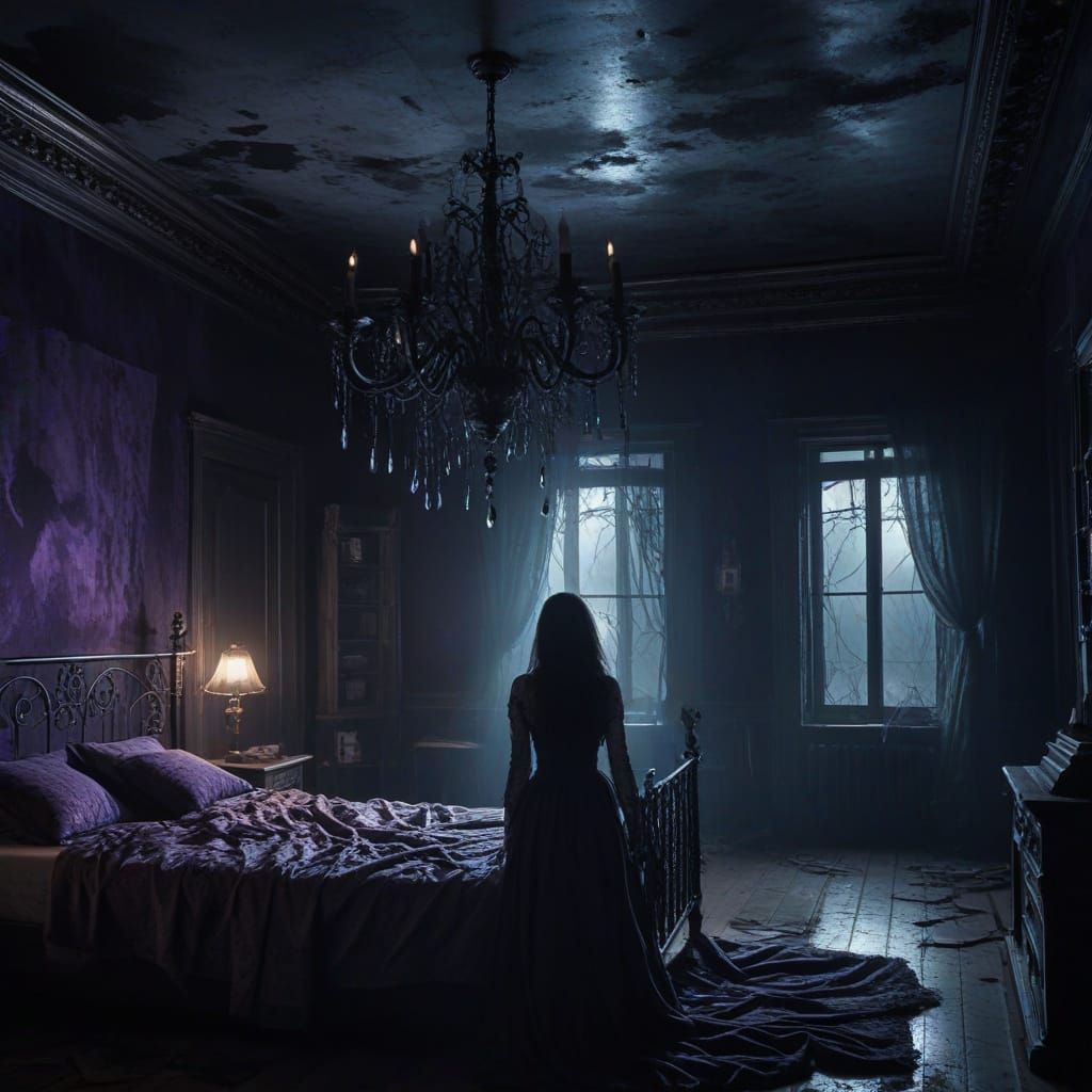 Gothic Horror Figure Lurks in Abandoned Mansion at Night