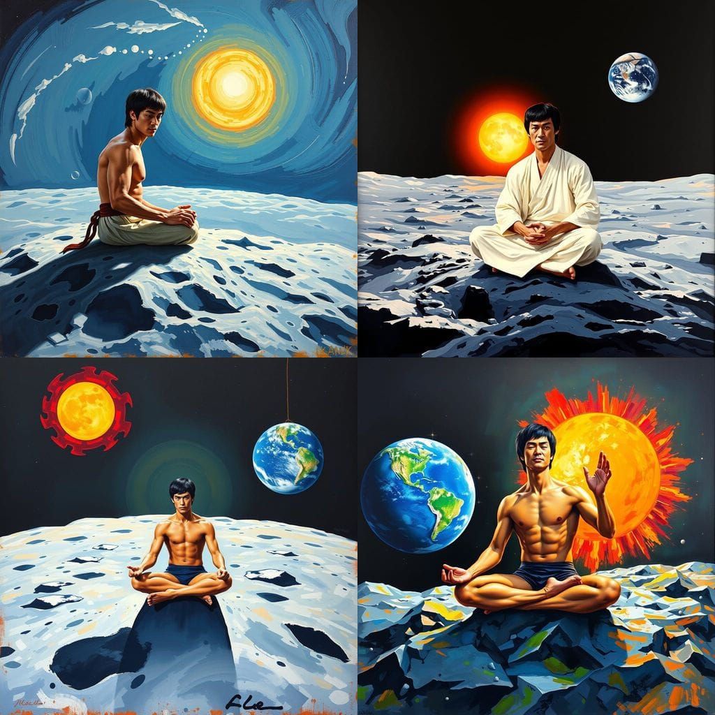 Bruce Lee Amidst Celestial Contrast in Neo-Expressionist Oil