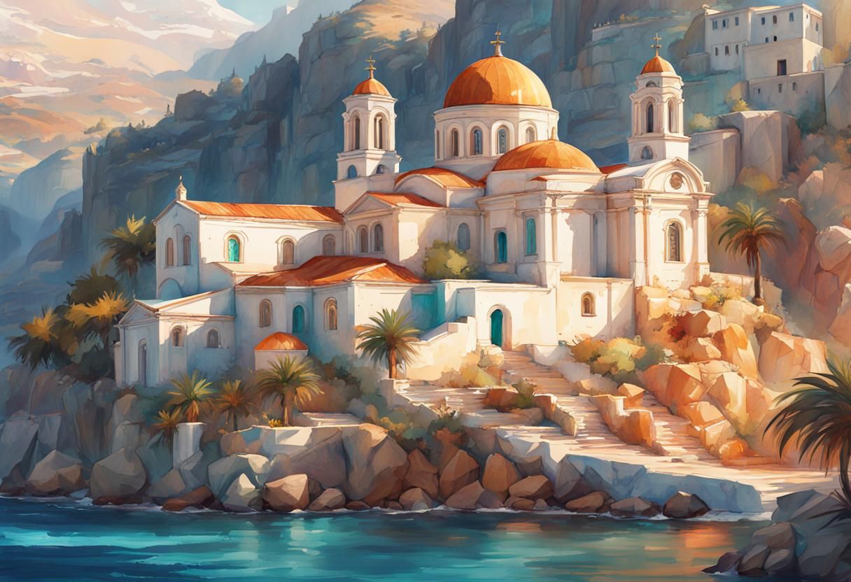 Greek Island Monastery in Bright Watercolor