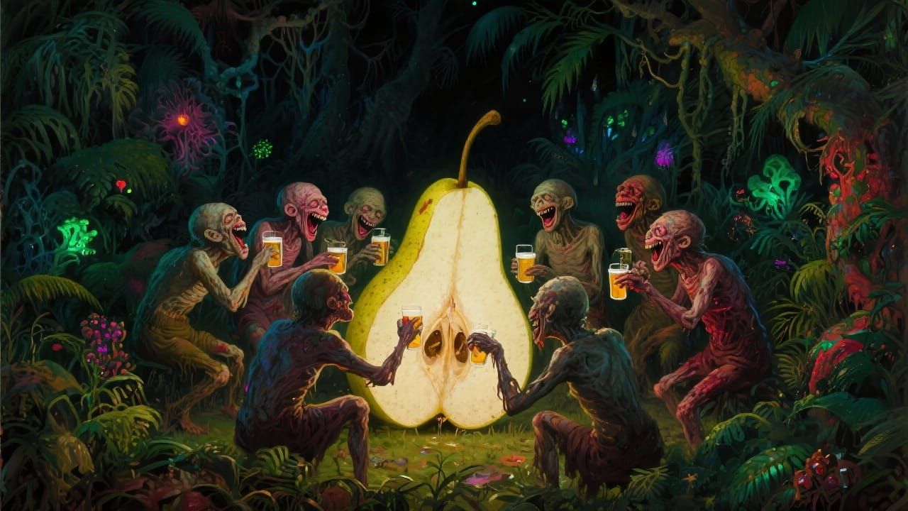 Drunken Humanoids Feast on Giant Pear in Eerie Jungle