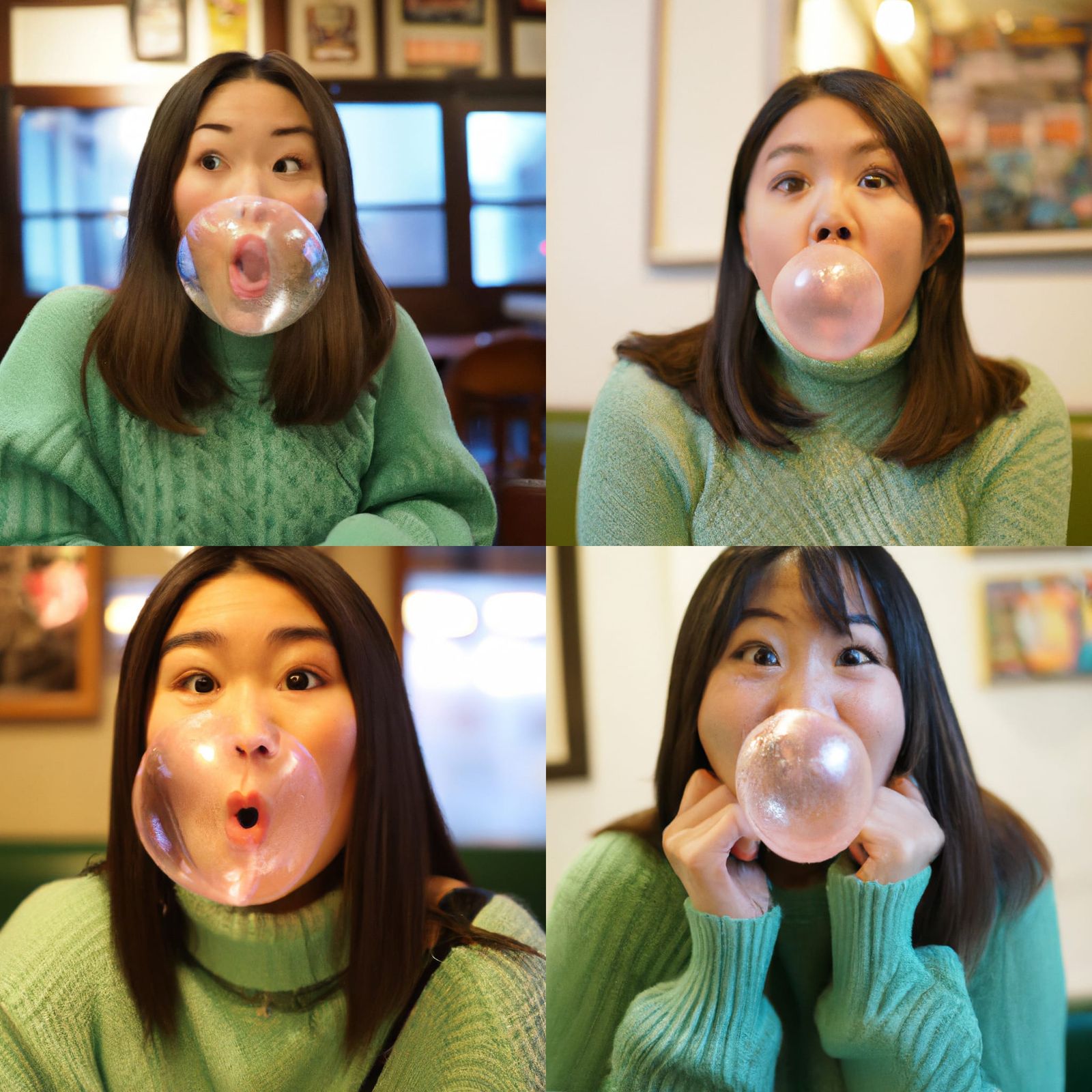 Woman Blowing Bubblegum in 1950s Cafe