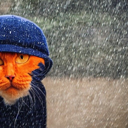 Orange Cat with Blue Hat on Rainy Day