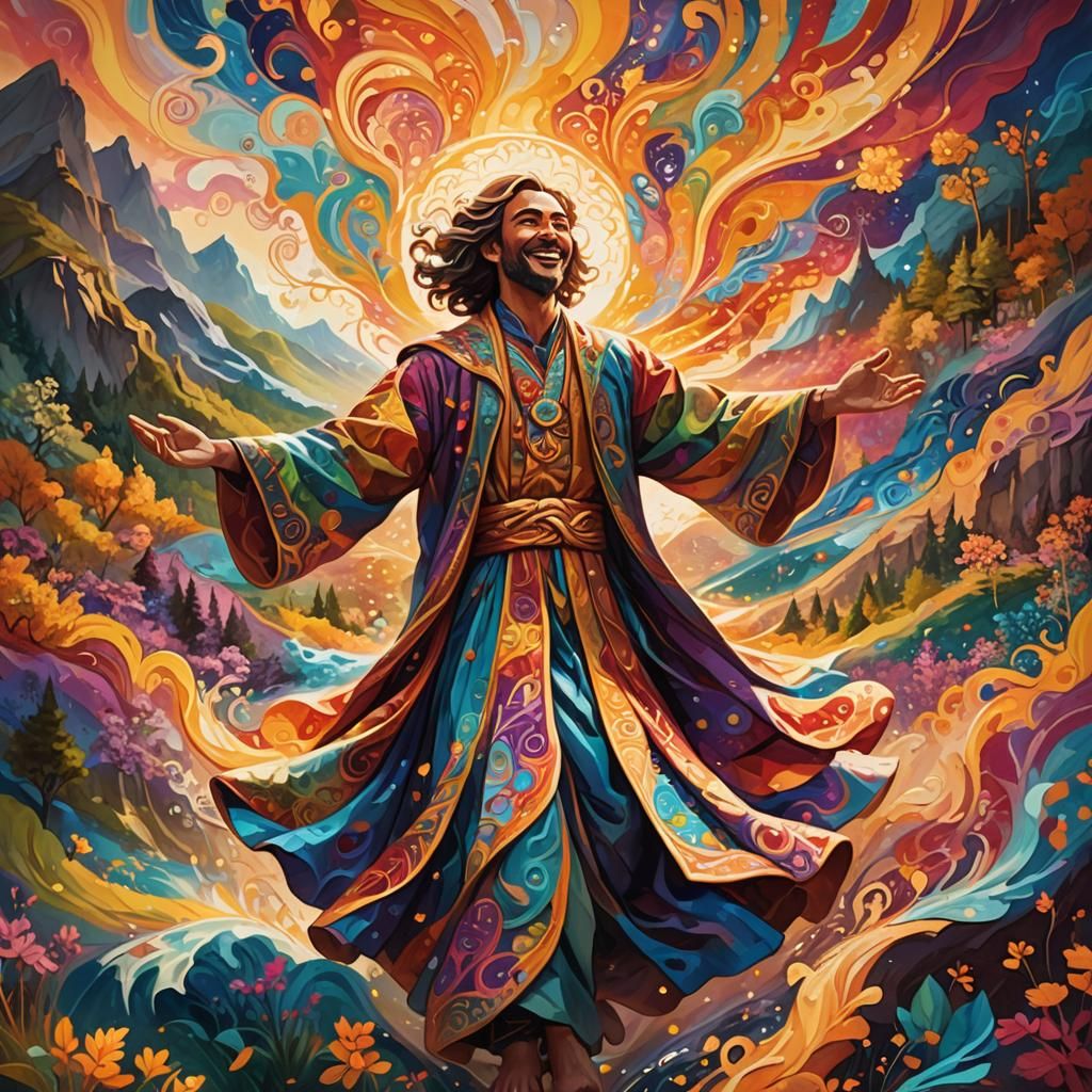 Jubilant Figure in a Fantastical Triadic Color Landscape