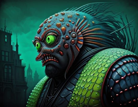 Creepy Fish Warrior in Surreal Garish Setting